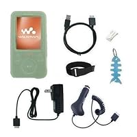 7 Items Accessory Combo Kit for Sony Walkman NWZ E438 / E438F Series: Includes Green Slicone Skin Case Cover, Armband, Belt Clip, Home / Travel Charger, Car Charger, USB 2in1 Data Sync Cable and Light Blue Fishbone Style Keychain