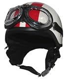 バイク用 ヘルメット ◎ 角型ビンテージゴーグル付　コンバットヘルメット　(パールホワイト/レッド）