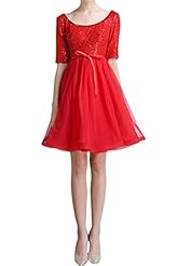 Above the Knee Short Lace-Up Beaded Sequined Charmeuse/Tulle Elbow Length Sleeves Prom Dress/Party Dress/Mini Dress 