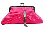 Fuschia pink satin clutch handbag with diamante decoration