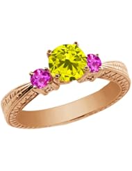 1.06 Ct Round Canary Diamond Pink Sapphire 14K Rose Gold 3-Stone Ring