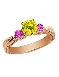 1.06 Ct Canary Diamond Pink Sapphire 925 Rose Gold Plated Silver 3-Stone Ring