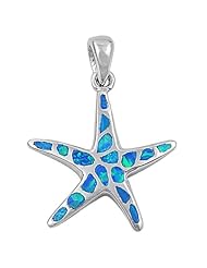 Blue Lab Opal Starfish Pendant and Box Chain Necklace in Sterling Silver
