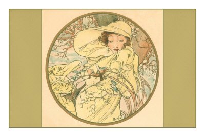 Woman with Birds, Art Nouveau Premium Poster Print, 12x8