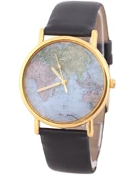 HACBIWA Global Fashion Unisex Men Women Lady Girls World Map Black Leather Alloy Analog Quartz watches