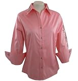 Christine Alexander Pink Cuffed Sleeve Button Front Blouse Accented With White & Black Swarovski Crystals and Silver & Black Studs - Black & Crystal Roses