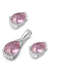 Sterling Silver Elegant Tear Drop Design Pendant and Earrings Jewelry Set with Pink CZ