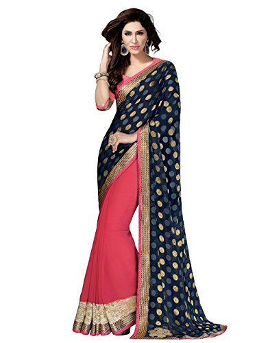 Shonaya Pink &Blue Georgette Patch work saree &Unstitched Blouse Piece,Free Size
