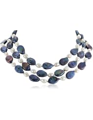 3 Row Peacock Flat Pearls with White Baroque Freshwater Cultured Pearls Sterling Silver Spacers and Clasp Necklace, 17"-19"