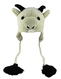 DeLux Goat Face White Wool Pilot Animal Cap/Hat with Ear Flaps and Poms