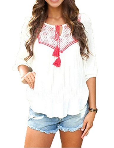 OURS Women's Tie Neck Long Sleeve Embroidery Loose Casual Shirt Blouse Top