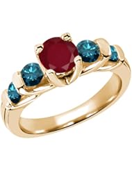 1.93 Ct Round Red Ruby Blue Diamond 18K Yellow Gold Ring