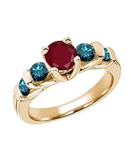 1.93 Ct Round Red Ruby Blue Diamond 14K Yellow Gold Ring
