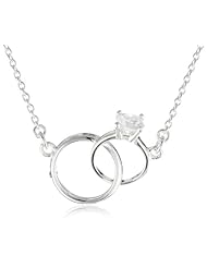 Sterling Silver Cubic Zirconia Interlocked Engagement and Wedding Ring Necklace, 18"