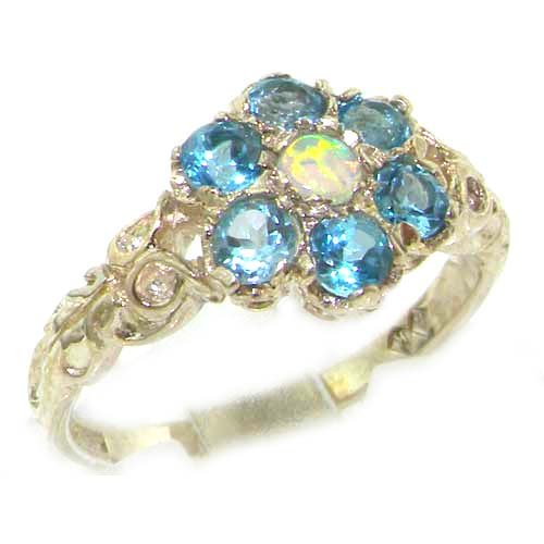 Click To Victorian Ladies Solid Sterling Silver Natural Fiery Opal & Blue Topaz Daisy Ring - Finger Sizes 5 to 12 Available Details... Victorian Ladies Solid Sterling Silver Natural Fiery Opal & Blue Topaz Daisy Ring - Finger Sizes 5 to 12 Available