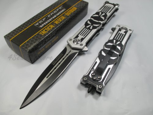 Tac Force Assisted Opening Rescue Punisher Skull Design Folding Stainless Steel Blade Knife Outdoor Survival Camping Hunting - White