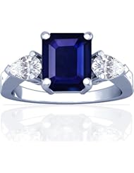 18K White Gold Emerald Cut Blue Sapphire Three Stone Ring