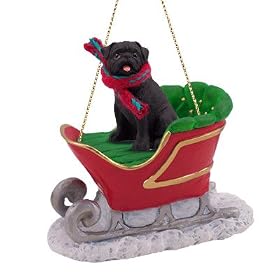 PUG Black Dog rides on a SLEIGH Christmas Ornament
