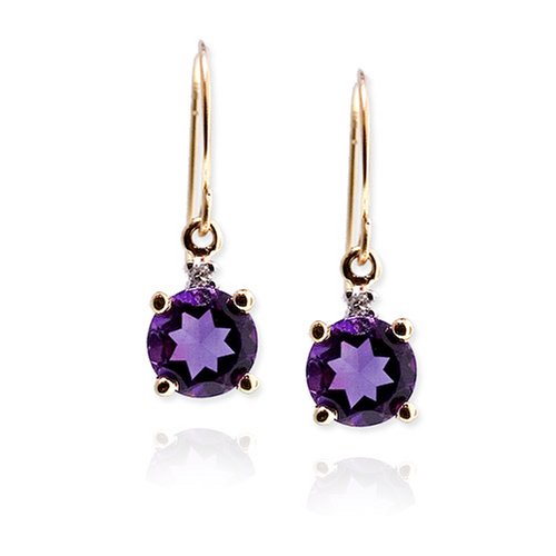 14k Yellow Gold Round Amethyst and Diamond Earrings