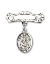 Sterling Silver Baby Badge with St. Christian Demosthenes Charm and Arched Polished Badge Pin