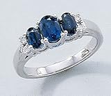 14K White Gold Three Stone Genuine Blue Sapphire and Diamond Ring