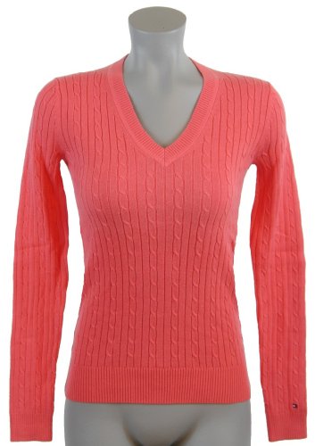 Tommy Hilfiger Womens Cable Knit Cotton Logo Sweater - M - Peach