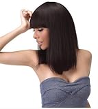 Royal-first Product 100% Brazilian Remy Hair Lace Front Wig Straight Bob Wig with Bang(16'',1b#)