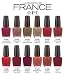 OPI La Collection de France Complete Set 12 x bottles.The French have a word for it - chic. A combination of style, elegance, and confidence, it is at the heart of fashion for FALL 2008. Filled with retro glamour, and touches of both uptown and down, the fall fashion runways featured simply beautiful clothing in a lush palette of color, complemented perfectly by the sophisticated, sensual shades of La Collection de France by OPI. The effortless style for which French women are known , a juxtaposition of elegance and ease ,is captured this fall in polished combinations of tweed and silk, chunky sweaters and delicate blouses, tailored pencil skirts and lingerie-inspired looks. Seasonless fabrics and layers signal a new fashion and climate, with an irresistible, intense selection of colors -saturated shades of purple-blue, peacock green, burgundy, ruby red, deep brown, and iconic black, accented with mustard yellow, burnt orange, and cobalt. Exquisite nails continue to be an integral part of fashion. Nothing completes a look more beautifully than nails wearing the season's most significant colors; changing a lacquer shade can change a woman's entire look , and her outlook. While couture fashion may be reserved for the Paris salons, couture color for nails is accessible to every woman , and luxuriant color is what this season's beauty is all about.