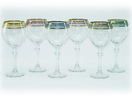 Italian Wine Glass with 14K Gold Rim with 6 Multicolor Pattern - Set of 6