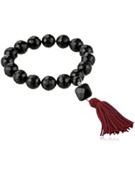 Faceted Black Onyx Round Bead with Faceted Square Bead and Burgundy Tassel Pendant Stretch Bracelet, 7.5"