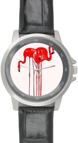 Flamingo Bird Background Printed High-grade Alloy Watch with Black Leather Watchband