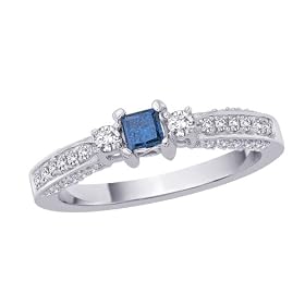 14K White Gold 1/2 ct. Diamond Engagement Ring with Blue Center Diamond