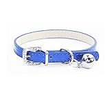 Metallic blue leather cat dog puppy small collars with bell 11-14"