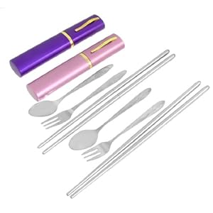 Amico 2 Sets Stainless Steel Travel Spoon Chopsticks Fork Tableware w Case