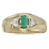 10K Yellow/White Gold 0.02 ct. Diamond and 6 x 4 MM Oval Shaped Emerald Men's Ring