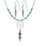 Dream Catcher Turquoise Necklace Small Feather Earrings Set 18"