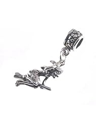 Witch on Broom Halloween Sterling Silver Charm Bead Compatible with All Brands of European Charm Bracelets