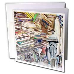 Perkins Designs Potpourri - Stack of Books a digital collage of books and a greek statue - Greeting Cards-6 Greeting Cards with envelopes