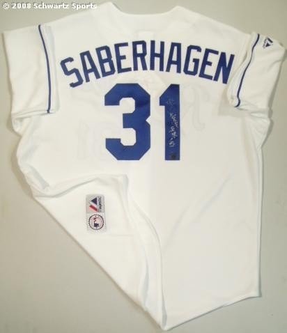 Bret Saberhagen Autographed/Hand Signed Kansas City Royals White Majestic Replica Jersey with CY 85,