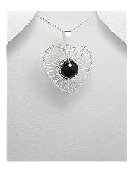 Heart Black Agate Pendant Necklace In Sterling Silver