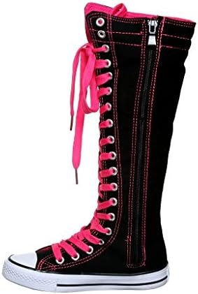 NEW Canvas Sneakers Flat Tall Punk Skate Shoes Lace up Knee High Boots FOR KIDS (12, black/fuchsiaTP) [Apparel]