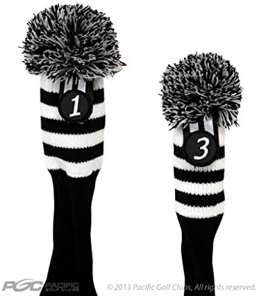 Pacific Golf Clubs Head Covers 1 3 Black and White Knit Retro Old School Vintage Stripe Pom Pom Throwback Classic