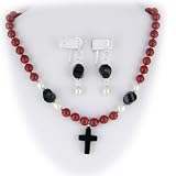 Black Onyx Cross Coral Sterling Silver Necklace & Earrings Set ne943