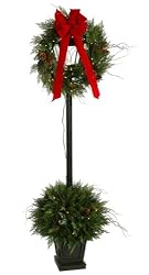 6.5' Pre-Lit Christmas Cedar Twig Lantern With Wreath & Bow - Clear Dura-Lit Lights