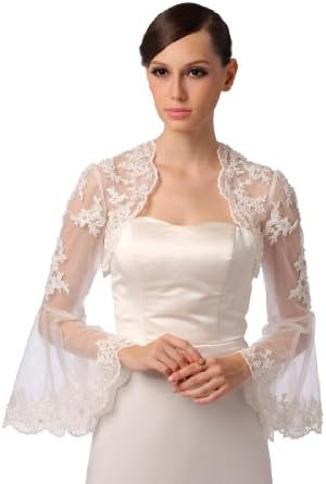 Artwedding Lace Bridal Jacket with Long Bell Sleeves and Sequins, Ivory, M