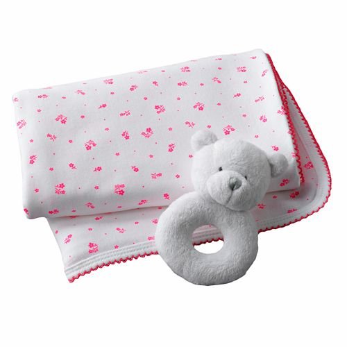 Baby Neon Pink Flower Blanket & Rattle Set