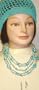 Four Strand Ivory Small Pearls Turquoise Blue Beads Medium Chain Necklace Earrings Offered in Combination with Hand Crocheted Turquoise Gimp Skull Cap