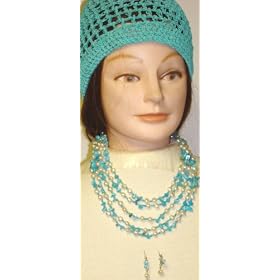 Click here to buy Four Strand Ivory Small Pearls Turquoise Blue Beads Medium Chain Necklace Earrings Offered in... by Gita.