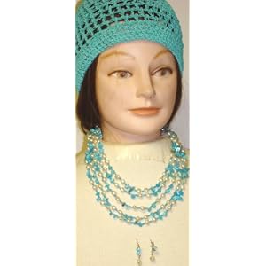 Click here to buy Four Strand Ivory Small Pearls Turquoise Blue Beads Medium Chain Necklace Earrings Offered in... by Gita.