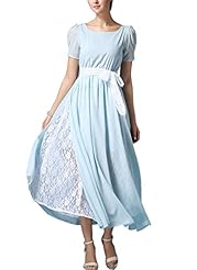 Petite Lace Square Neck Chiffon Short Sleeves Fit-and-Flare Maxi Dress 